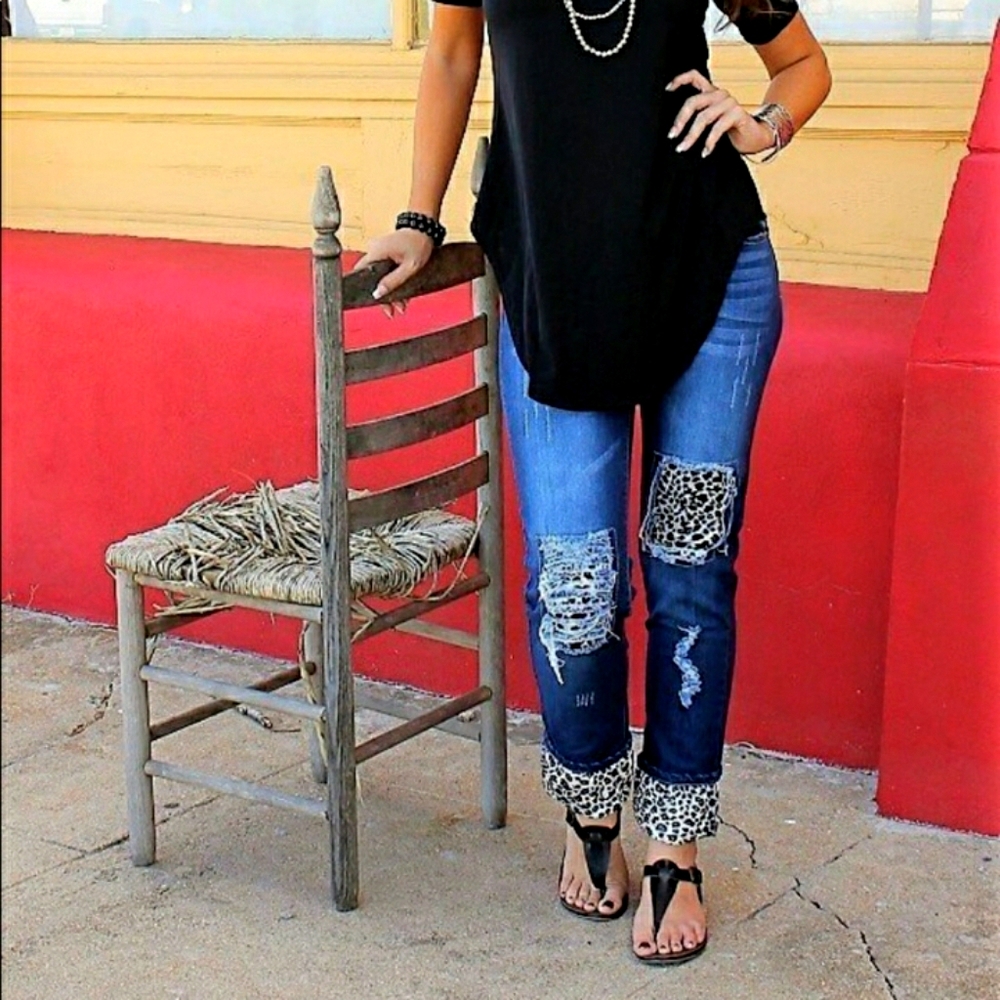 Leopard Trim Boyfriend Denim Jeans Designer 4-14